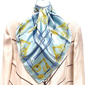 Unused-TRUSSARDI 100% Scarf Silk 22" x22" teal blue gold chain logo ( 65)